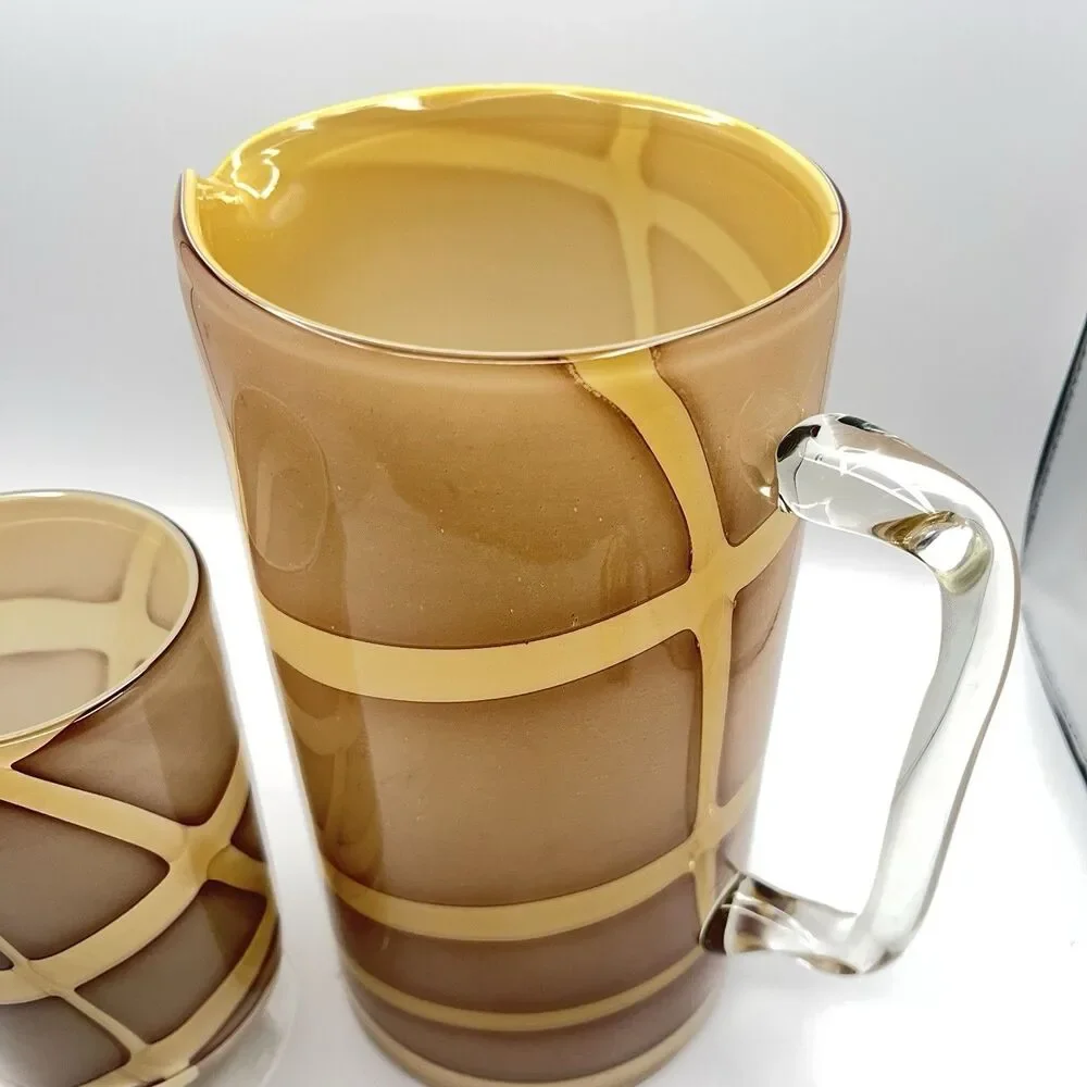 Vintage Hand Blown Glass Pitcher w Handle Nude w Cream Swirls Plus One Glass